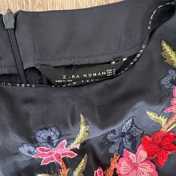 ZARA Navy Blue Embroidered Floral Wide Leg Jumpsuit Jumper Romper M - Picture 5 of 8